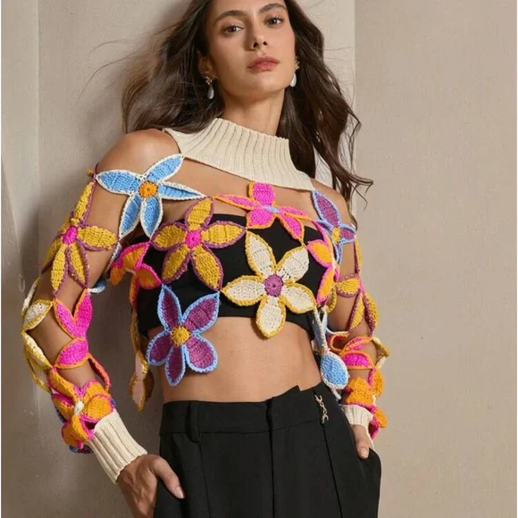 Floral crochet knit sweater mock turtleneck neck rainbow multicolor cropped NWT - Picture 2 of 6